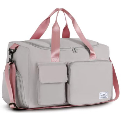 FIORETTO Women's Gym Duffle Bag with Shoes Compartment, 30L Capacity, Ideal for Travel, Gym, Sports, Duffel, Weekender - color: Grey & Pink, style: Gym Bag