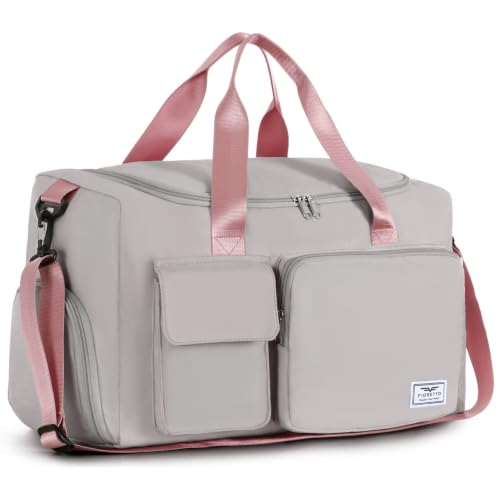 FIORETTO Women's Gym Duffle Bag with Shoes Compartment, 30L Capacity, Ideal for Travel, Gym, Sports, Duffel, Weekender - color: Grey & Pink, style: Gym Bag
