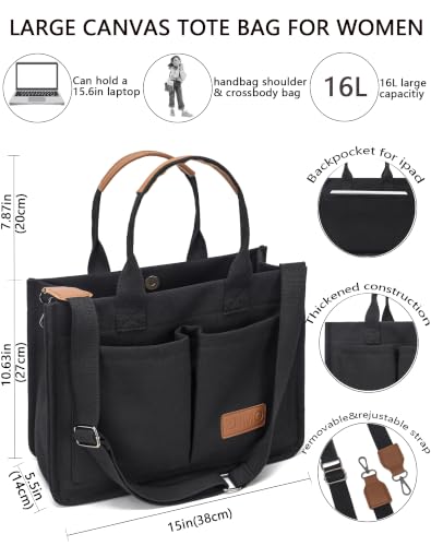 ZHMO Canvas Tote Bag for Women,Women's Bags Crossbody Bags Work Laptop Tote Bag Large Handbags Purse for Travel Nurse Teacher - color: Canvs Demure Black With Compartments