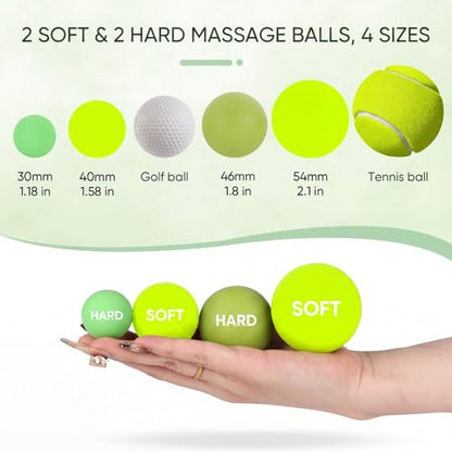 2 Soft 2 Hard Massage Lacrosse Balls, 4 Sizes for Myofascial Release | Targeted Massage for Hands, Feet, Neck & Back, Compact Design for Home Gym Yoga & Travel, Supports Mobility and Relaxation