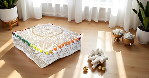 INDIAN CRAFT CASTLE ICC Mandala Barmeri Large Floor Pillow Cover Cushion Meditation Seating Ottoman Throw Cover Hippie Decorative Zipped Bohemian Pouf Ottoman Cases White Gold Matellic 16" Square