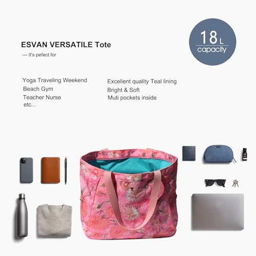 ESVAN Yoga Tote Bag for Women Drawstring Canvas Shoulder Bags for Workout Travel Carryall Pilates Gym and Beach - color: Pink