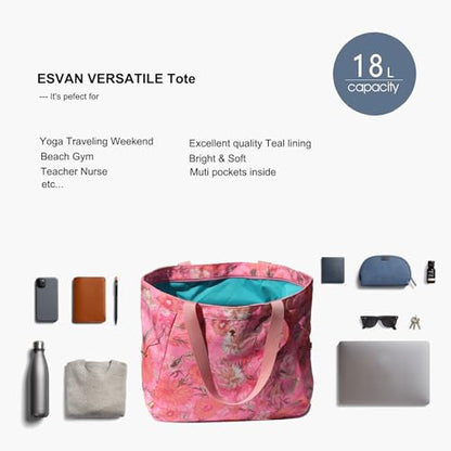ESVAN Yoga Tote Bag for Women Drawstring Canvas Shoulder Bags for Workout Travel Carryall Pilates Gym and Beach - color: Pink