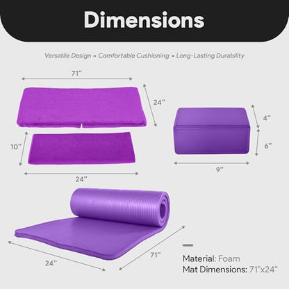 BalanceFrom 7-Piece Yoga Set with 71x24x1 Inches Extra Thick Mat and Carrying Sling – Includes 2 Blocks, Stretch Strap, 2 Towels, and Knee Pad for Home, Studio, and Gym Workouts - color: Purple