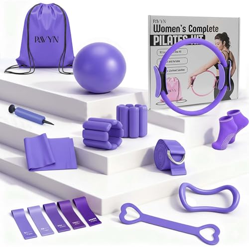 Pilates Kit for Women – 16 Pcs Home Pilates Equipment Set with Magic Circle Ring, Ball, 5 Resistance Bands, Yoga Strap, Ankle Weights, Grip Socks & More | Pilates Starter Kit - color: Purple