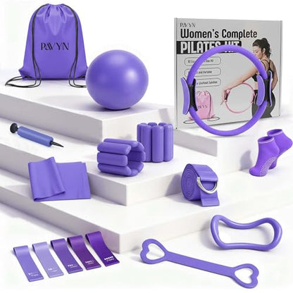 Pilates Kit for Women – 16 Pcs Home Pilates Equipment Set with Magic Circle Ring, Ball, 5 Resistance Bands, Yoga Strap, Ankle Weights, Grip Socks & More | Pilates Starter Kit - color: Purple