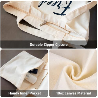 Canvas Tote Bag with Zipper for Women, Halloween Trick or Treat Bags Bulk | 13.8" x 15.3" Fashionable Two-Tone Cotton Tote Bag for Crafts, DIY Your Creative Designs - color: [A0] Freedom - Beige