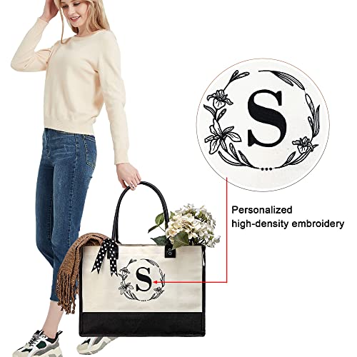 BeeGreen Embroidery Monogram Initial Tote Bag for Women Teacher Mom Friend Personalized Gift for Birthday Beach Work Wedding - color: White Lily, style: M
