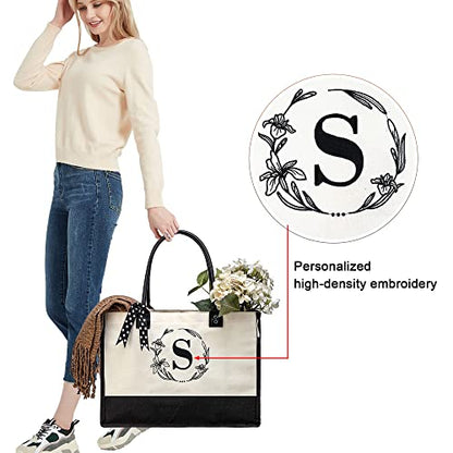 BeeGreen Embroidery Monogram Initial Tote Bag for Women Teacher Mom Friend Personalized Gift for Birthday Beach Work Wedding - color: White Lily, style: A