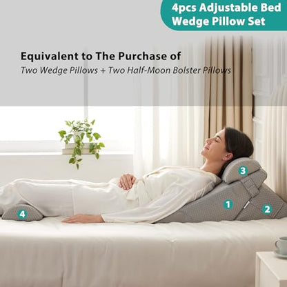 Bedluxe 조절 가능한 4피스 침대 웨지 베개 세트, 메모리 폼 웨지 베개 수술 후 등, 목, 다리 통증 완화, 수면을 위한 베개 웨지, 침대에 앉기, 산성 역류 및 위식도 역류, 그레이 - color: 회색., size: Adjustable 9&12 Inch + 2 Head Pillow