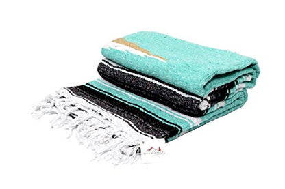 Open Road Goods Mexican Diamond Blanket - XL Heavyweight Yoga Blanket – Handmade in Mexico - Thick Boho Serape Saltillo Style Throw for Beach, Picnic, Home, Camping and More! (Mint & Black) - color: Mint & Black
