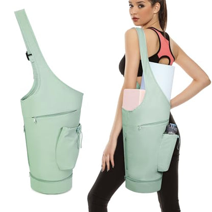 sportsnew Yoga Mat Bag, Large Opening Long Tote Yoga Mat Carrier Holder Bag with Waterproof Wet Pocket and Drawstring Water Bottle Pocket, Adjustable Shoulder Strap Storage Bag, patent pending - color: Mint Green