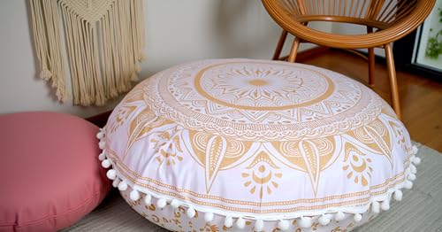 ICC Large Boho Ottoman Cover Pillowcase for Couch Floor Pillows & Cushion Covers Decorative Bohemian Hippie Mandala Pouf Pillow Cover Seating Meditation Cushion Cover (Gold Trishol, 32" Round) - size: 32" x 32" (Pack of 1), style: Gold Trishol