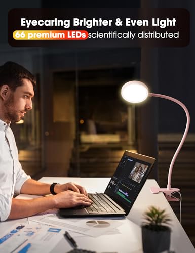 LiFMIRA Desk Lamp Clip on Light 8W 66 LED Reading Light for Bed Pink | 5 Colors 10 Dimming Levels, Eye Caring Metal Reading Lamp, Clip lamp for Bed Headboard Home Office - color: Pink