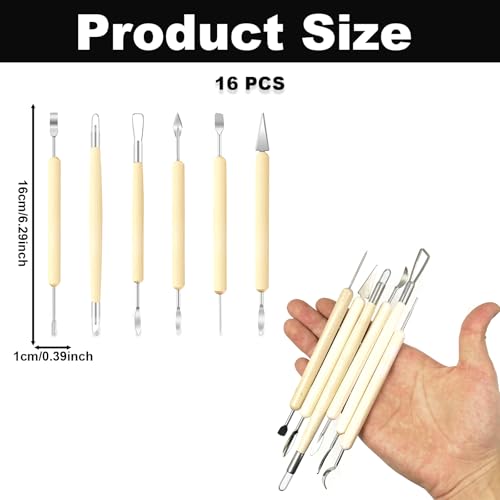 15PCS Pottery & Sculpting Tool Set, 10 Stainless Steel Clay Ribs & Serrated Scrapers & 5 Double Side Wooden Handle Modeling Tools for Ceramics, Clay Sculpting, Texturing, Smoothing & Pottery Crafting