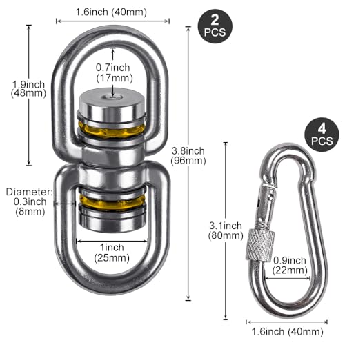 SELEWARE Heavy Duty Bearing Swing Swivel, 360° Rotation Hanging Accessory - color: 2 Pack Swivel (E) With 4 Carabiners