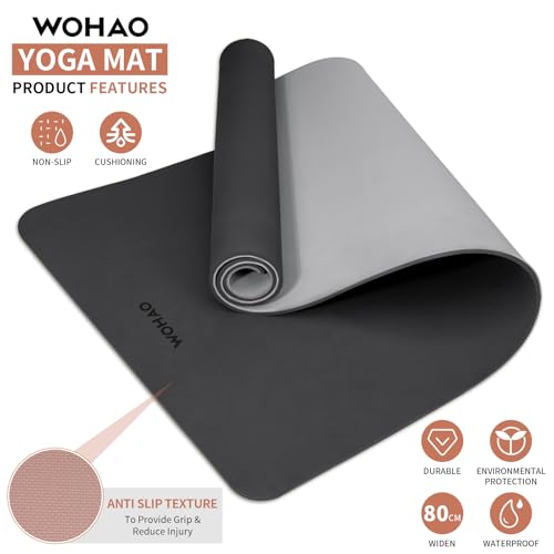 8mm Extra Wide 80cm Yoga Mat Non Slip | Spacious 80cm x 72" mat for tall users, gym, pilates. POE, reversible dual-color, non-slip, tear-proof, odorless, strap. - color: Black+Gray