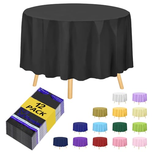 Plastic Table Cloth Disposable - 12 Pack, Disposable Table Cloths for Parties, Weddings, Decorative Round Tablecloths, 84'' Black Plastic Tablecloth, Leakproof & Sturdy, Black - color: Fa1 - Black, size: 12 PACK | Round | 84 Inch