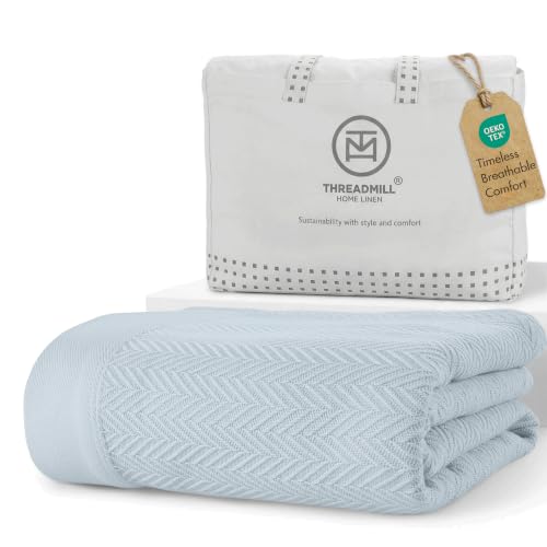 Threadmill Luxury Cotton Blankets for King Size Bed | All-Season Cozy 100% Cotton King Size Blanket | Herringbone Soft Fall Thermal Blanket fits Cal King Size Bed | Light Blue | All-Season Thermal Blanket, Soft & Breathable, Cozy Moisture-Wicking, OEKO-TE