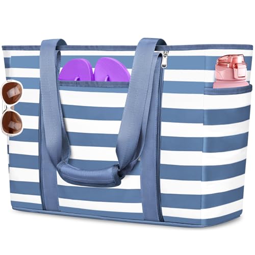Extra Large Beach Bags for Women, Waterproof Sandproof Beach Tote Bag Foldable Swim Pool Bag with Zipper and Wet Pocket - color: Gray Blue and White