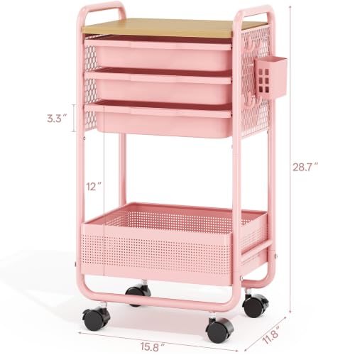 KINGRACK 3 Tier Rolling Cart with Drawer, Metal Utility Storage Cart, Pink | 3 Drawers, Pegboard & Wood Tabletop, Lockable Wheels, 4 Hooks & 1 Bin, for Living Room,Bedroom,Craft Room,Office,Kids Room - color: Pink