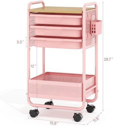 KINGRACK 3 Tier Rolling Cart with Drawer, Metal Utility Storage Cart, Pink | 3 Drawers, Pegboard & Wood Tabletop, Lockable Wheels, 4 Hooks & 1 Bin, for Living Room,Bedroom,Craft Room,Office,Kids Room - color: Pink