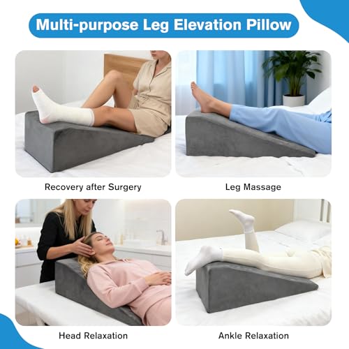 Leg Elevation Pillow, Trapezoidal Foot Elevation Pillow for Elevation for Swelling, Blood Circulation Support with Handle and Removable Cover (Grey)