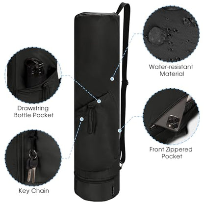 sportsnew Yoga Mat Bag Drawstring Pocket-Full Zip Cargo Yoga Mat Carrier Bag with Water Bottle Pocket and Bottom Wet Pocket Exercise Yoga Mat Carrier Multi-Functional Storage Bag, Blue & Black