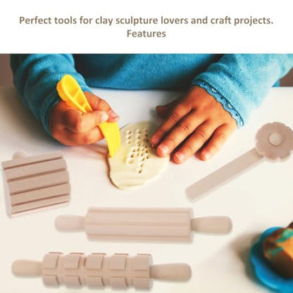 DIYEAH 12PCS Wooden Clay Tools for Kids, Play Dough Modeling Set | Beige Sculpting Kit with Rolling Pins, Texture Rollers, Cutters and Shaping Sticks for Pottery, Crafts and DIY Activities