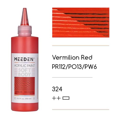 MEEDEN Soft Body Acrylic Paint: Vermilion Hue Matte Finish 250ml/8.45oz | Bulk Acrylic Colors in Ergonomic Bottle - Fluid Flow Art Paints for Artists Canvas Painting - color: Vermilion Hue