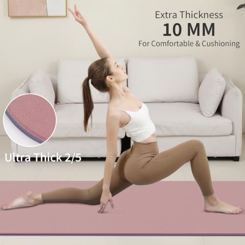 PAIDU POE Yoga Mat （10mm）Extra Thick Fitness Mat 72"x24" with Carry Strap | Non-slip, tear-resistant and suitable for all ages, perfect for yoga, Pilates, home gym and full-body workouts. - color: Deep Pink+Grey