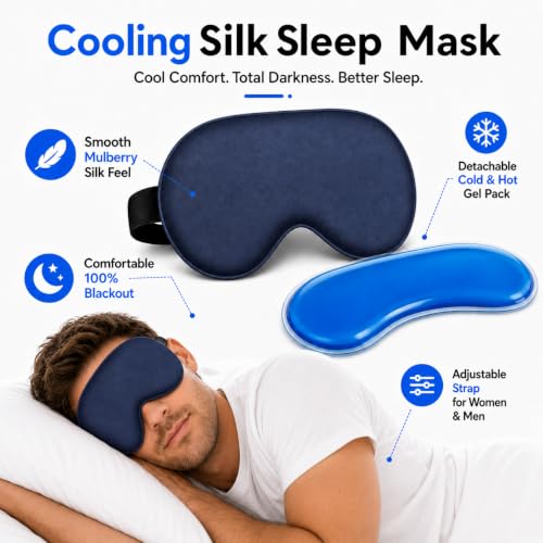 Cooling Sleep Mask with Mulberry Silk Surface & Removable Gel Pack - color: Cooling Navy Blue