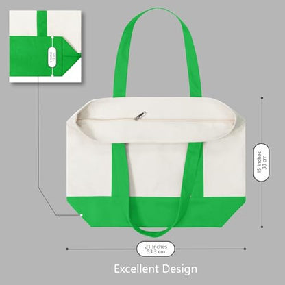 TOPDesign 1-Pack Canvas Tote Bag with an External Pocket, Reusable Grocery Shopping Bag, Top Zipper Closure, Daily Essentials (Lime Green/Natural) - color: Lime Green/Natural