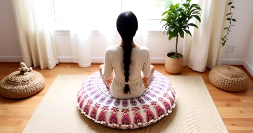 CRAFT KALA 32" Large Round Bohemian Floor Pillow Cover Boho Pouf Cover Mandala Meditation Room Pillows Cover Adults Seating Poufs Cushion Cover for Kids Reading Playroom New Pink Mirchi - color: New Pink Mirchi