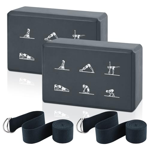 2 Yoga Block and 2 Yoga Strap Set,Non-slip EVA Foam Blocks, High Density Yoga Bricks with 6ft Strap, Supportive Latex-Free Yoga Block Accessories for Pilates - color: Gray
