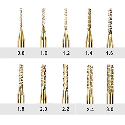 Titanium Coated Engraving Milling Cutter Carbide Bits, 0.8-3mm, 1/8'' Shank, 10 Pieces, for Dremel Rotary Tools