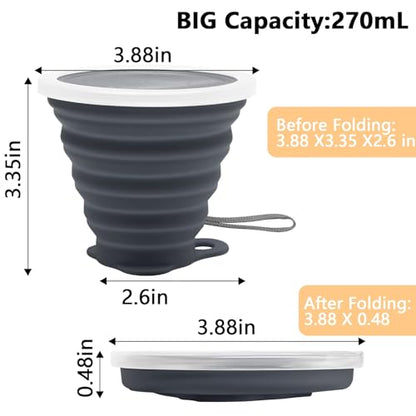 Litoexpe 4 Pack Silica gel Collapsible Travel Cup 270ml | Dark Gray & Pink & Navy Blue, with Lids, Portable Folding Camping Cup, for Camping and Travel - color: Dark Gray & Pink & Navy Blue &Teal