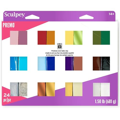 Sculpey Premo 24 Color Sampler, Polymer Oven-Bake Clay for Jewelry Making | Premium non-toxic modeling clay kit. Includes 1lb 8oz assortment of multi-color packs for professional artists and DIY