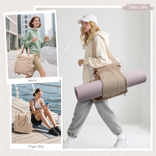 GOLF SUPAGS 3-in-1 Laptop Tote Backpack for Women 15.6" Quilted Work Gym Bag with Hidden Yoga Mat Carrier for Travel Leisure (Gravel Brown & Beige) - color: Gravel Brown & Beige