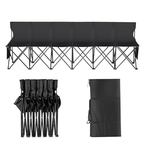 VEVOR Portable Folding B ench, 6 Seats Foldable Sideline B ench, Outdoor Camping Bench Chair with Carry Bag & Backrest, Team Sport Sideline B ench, No Assembly Instant Seating, Black | Lightweight Foldable Sideline Seating with Side Pockets, Carrying Bag,