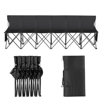 VEVOR Portable Folding B ench, 6 Seats Foldable Sideline B ench, Outdoor Camping Bench Chair with Carry Bag & Backrest, Team Sport Sideline B ench, No Assembly Instant Seating, Black | Lightweight Foldable Sideline Seating with Side Pockets, Carrying Bag,