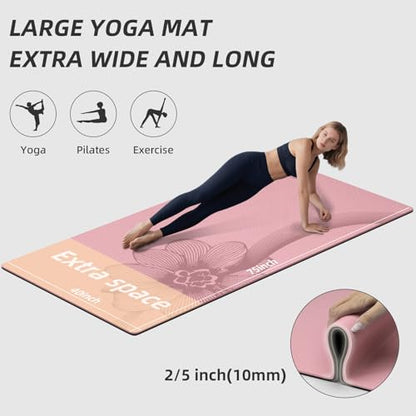 Large Exercise Mat | 10mm Thick TPE Non-slip Gym Mats, Carrying Strap - color: pink/black