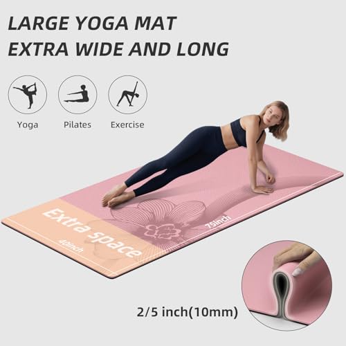 Large Exercise Mat | 10mm Thick TPE Non-slip Gym Mats, Carrying Strap - color: pink/black