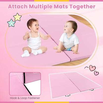 Giantex 4'x10'x 2" Gymnastics Mat, 4-Panel Folding Aerobics Exercise Mat w/Hook & Loop Fastener, Carrying Handle, Portable Tumbling Mat for Stretching Yoga Cheerleading Martial Arts - color: Pink