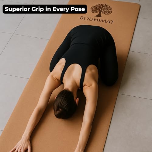 Cork Yoga Mat for Hot Yoga – Sweat-Activated Grip, 4mm Stable Support, Natural Cork Surface + Non-Slip TPE Base, 72” x 24”, Pilates & Fitness Mat with Carry Strap