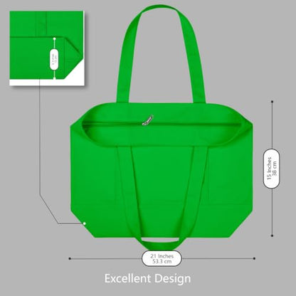 TOPDesign 1-Pack Canvas Tote Bag with an External Pocket, Reusable Grocery Shopping Bag, Top Zipper Closure, Daily Essentials (Lime Green) - color: Lime Green