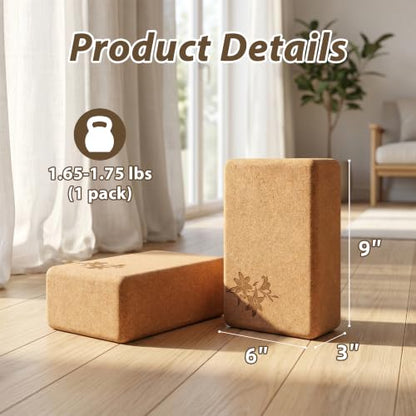 Cork Yoga Blocks 2 Pack Set, Natural High Density Non Slip Cork Yoga Bricks