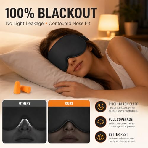 Silk Sleep Mask with 100% Mulberry Silk Cover, Adjustable Strap Night Eye Mask for Women Men, Soft Eye Covers for Sleeping, Excellent Light Blocking, Includes Earplugs - color: No Cooling Black