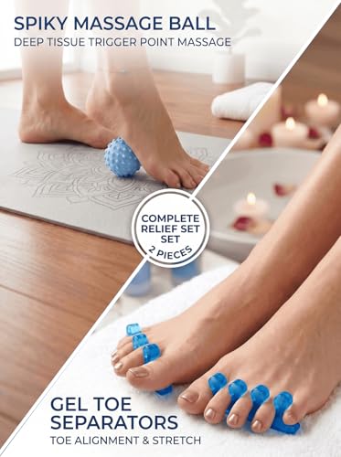 4-Piece Toe Spreaders and Foot Massage Ball Kit | 2 Pairs Gel Toe Stretchers & 2 Spiky Massage Balls for Bunion Relief, Plantar Fasciitis, Foot Pain(Blue) - color: Blue