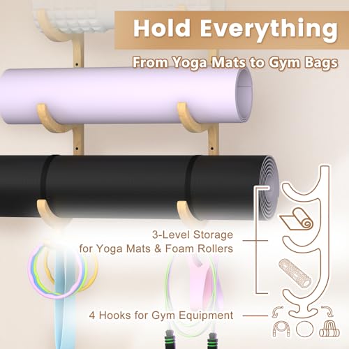 Wooden Yoga Mat Holder Wall Mount, Yoga Mat Storage Rack Organizer - color: Wood 3-tier